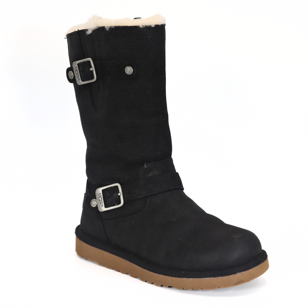 UGG Australia Leather Boots Women 24cm Black Moto Buckle Shearling Winter Casual